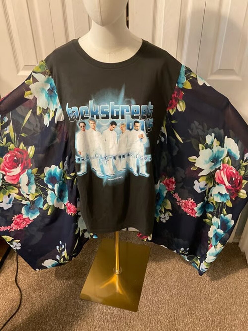 Backstreet Boys Upcycled Graphic T-Shirt with Flowy Floral Sleeves - OSFM